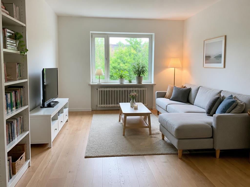 Example photo of a living room with sofa, TV and bookshelf documented in MemoSafe